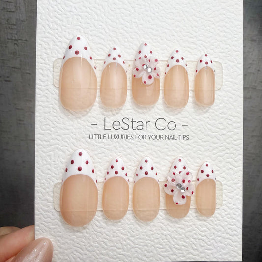 Timed Offer 4 For 3) Handmade Press On Dotted Blossom Gel Acrylic Nails