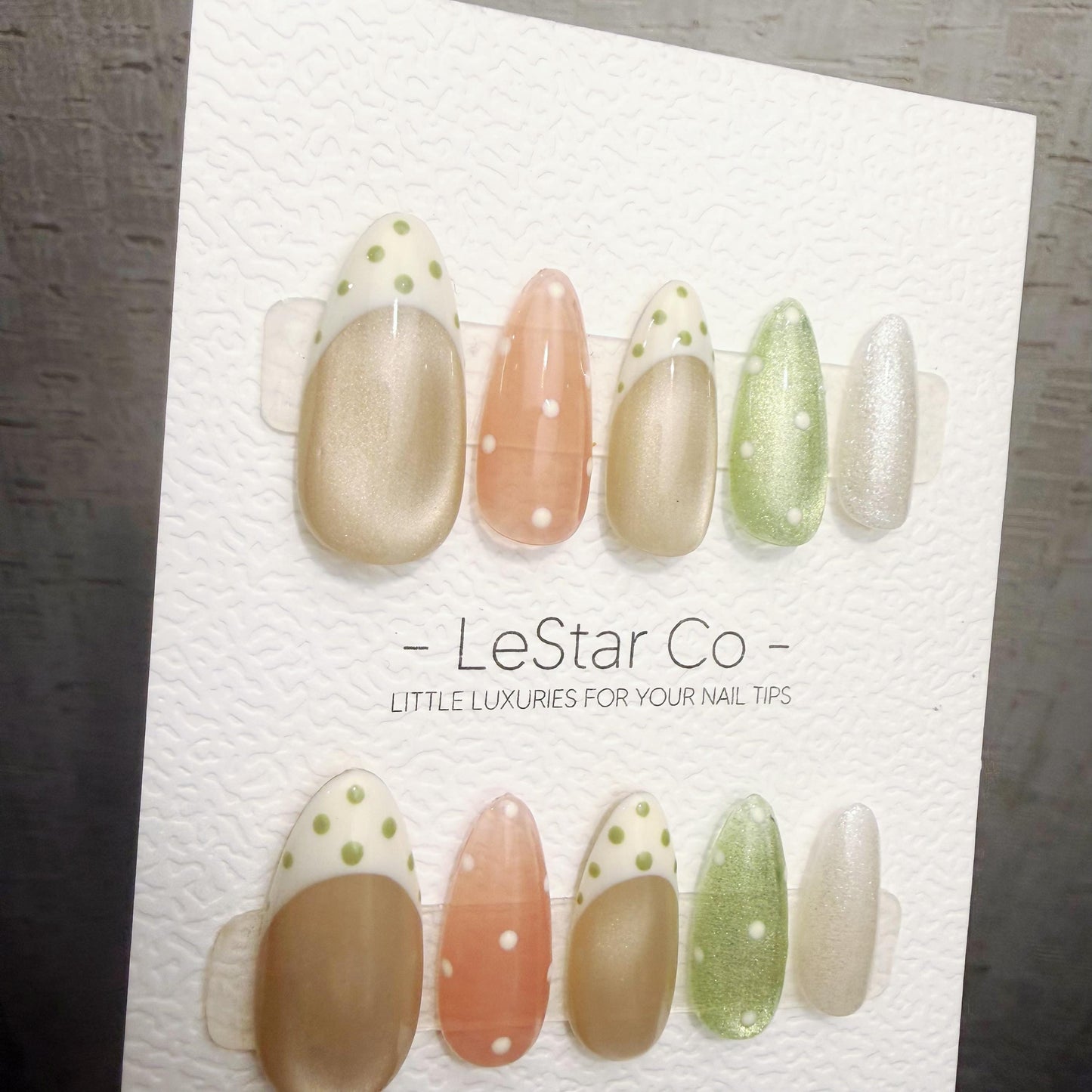 Timed Offer 4 For 3) Handmade Press On Pistachio Pearl Gel Acrylic Nails
