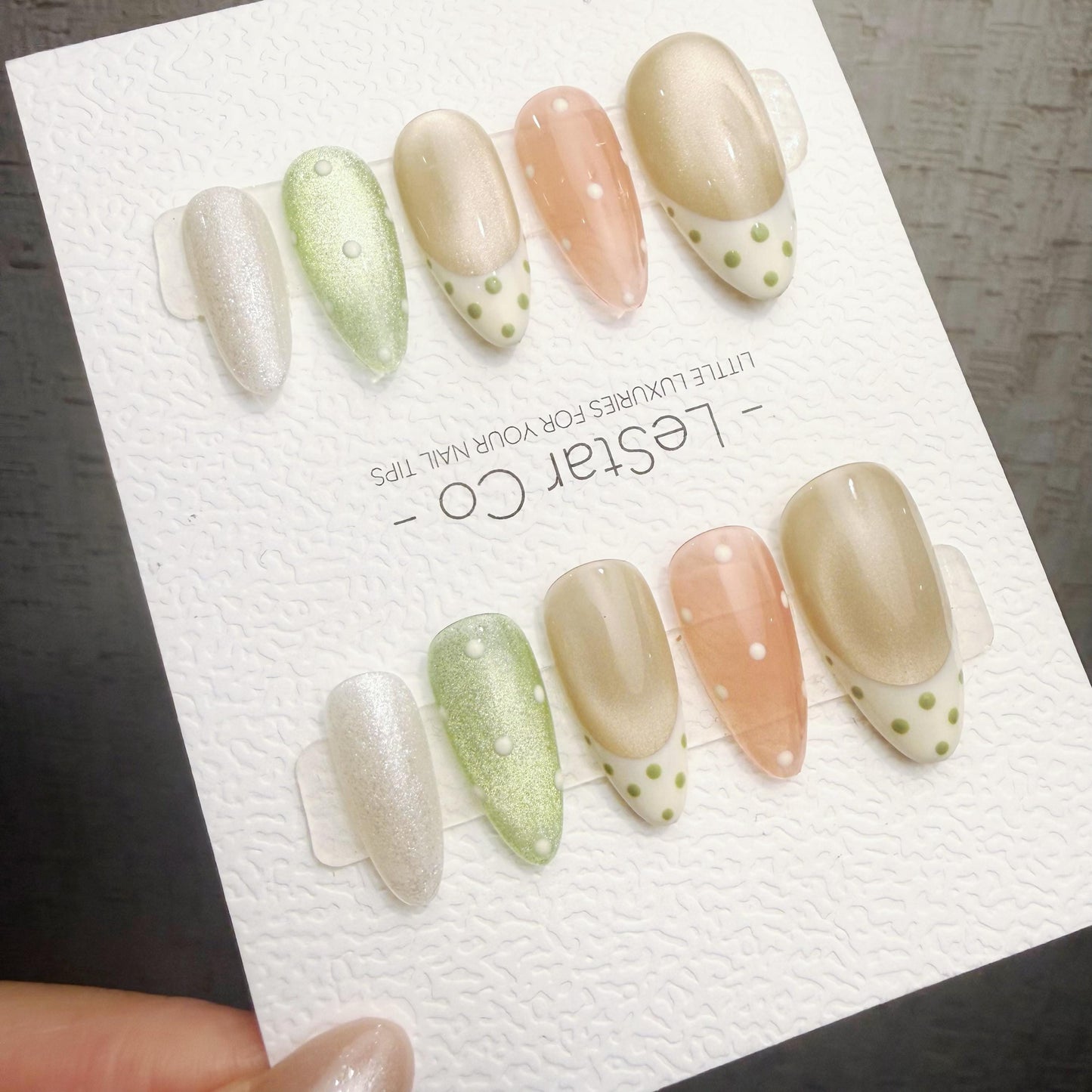 Timed Offer 4 For 3) Handmade Press On Pistachio Pearl Gel Acrylic Nails