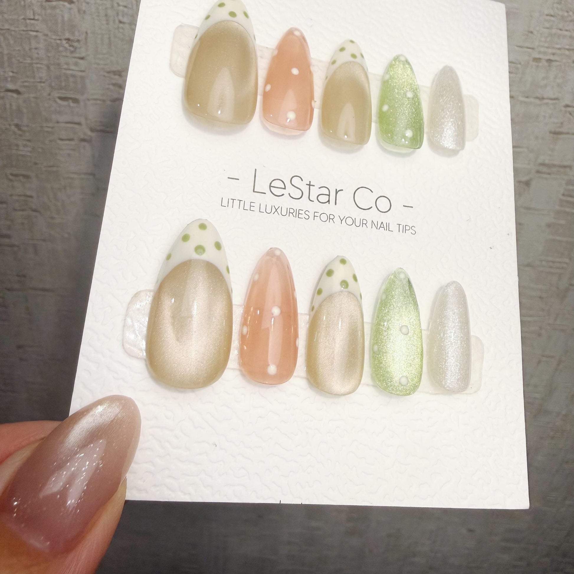 Timed Offer 4 For 3) Handmade Press On Pistachio Pearl Gel Acrylic Nails