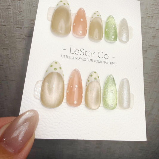 Timed Offer 4 For 3) Handmade Press On Pistachio Pearl Gel Acrylic Nails