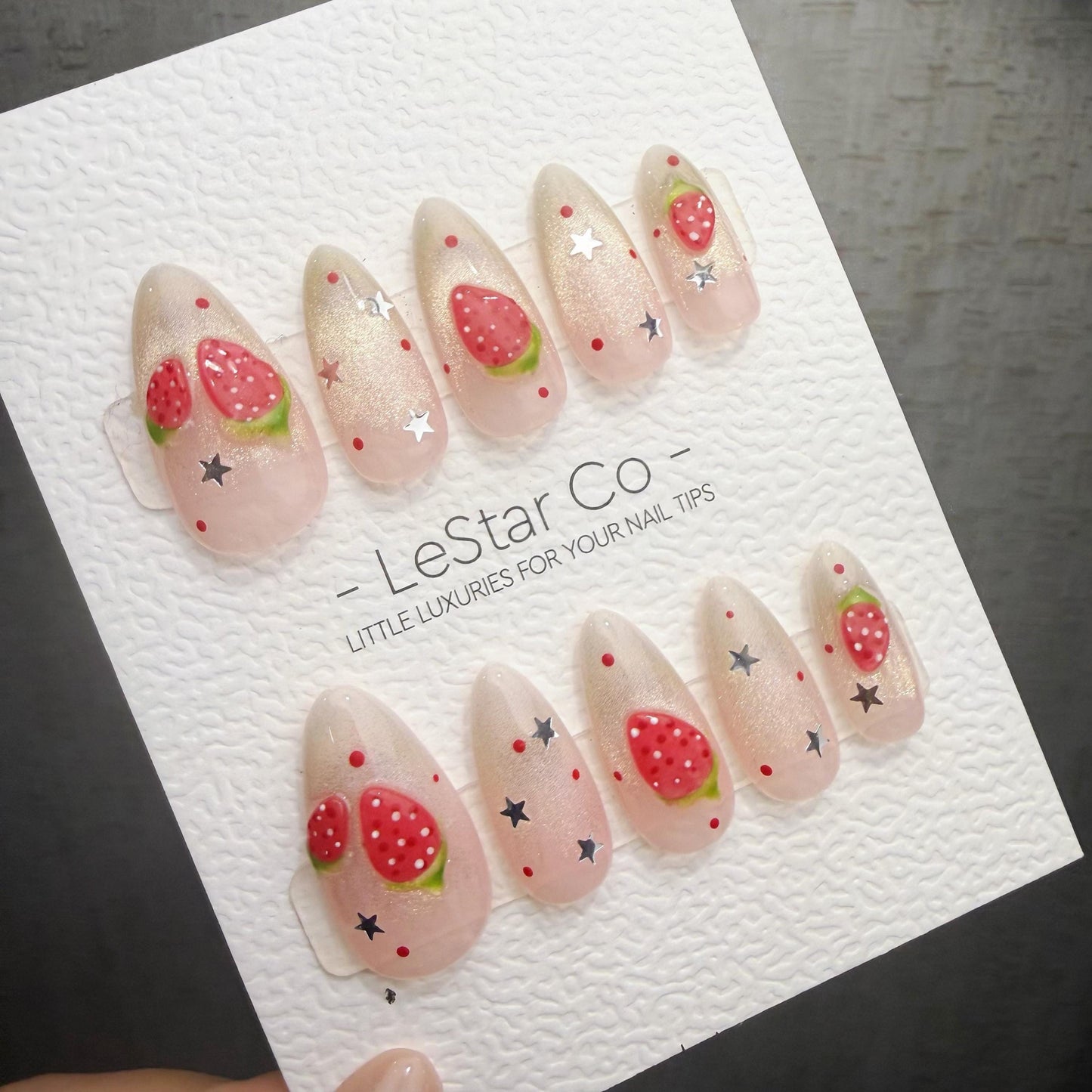 Timed Offer 4 For 3) Handmade Press On Strawberry Twinkle Gel Acrylic Nails