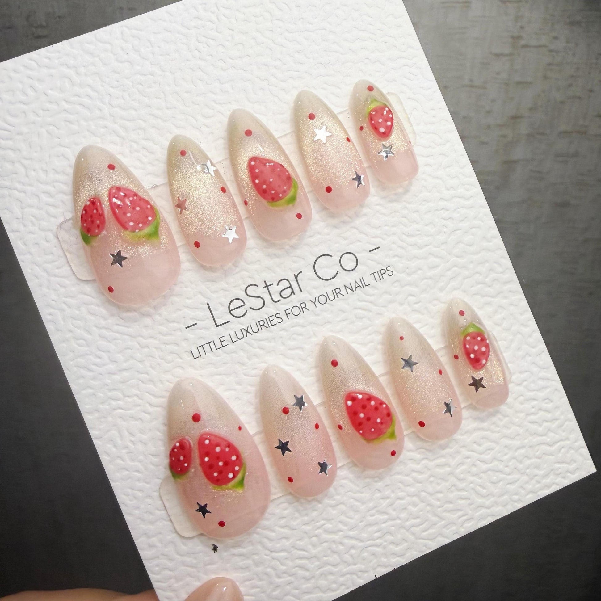 Timed Offer 4 For 3) Handmade Press On Strawberry Twinkle Gel Acrylic Nails