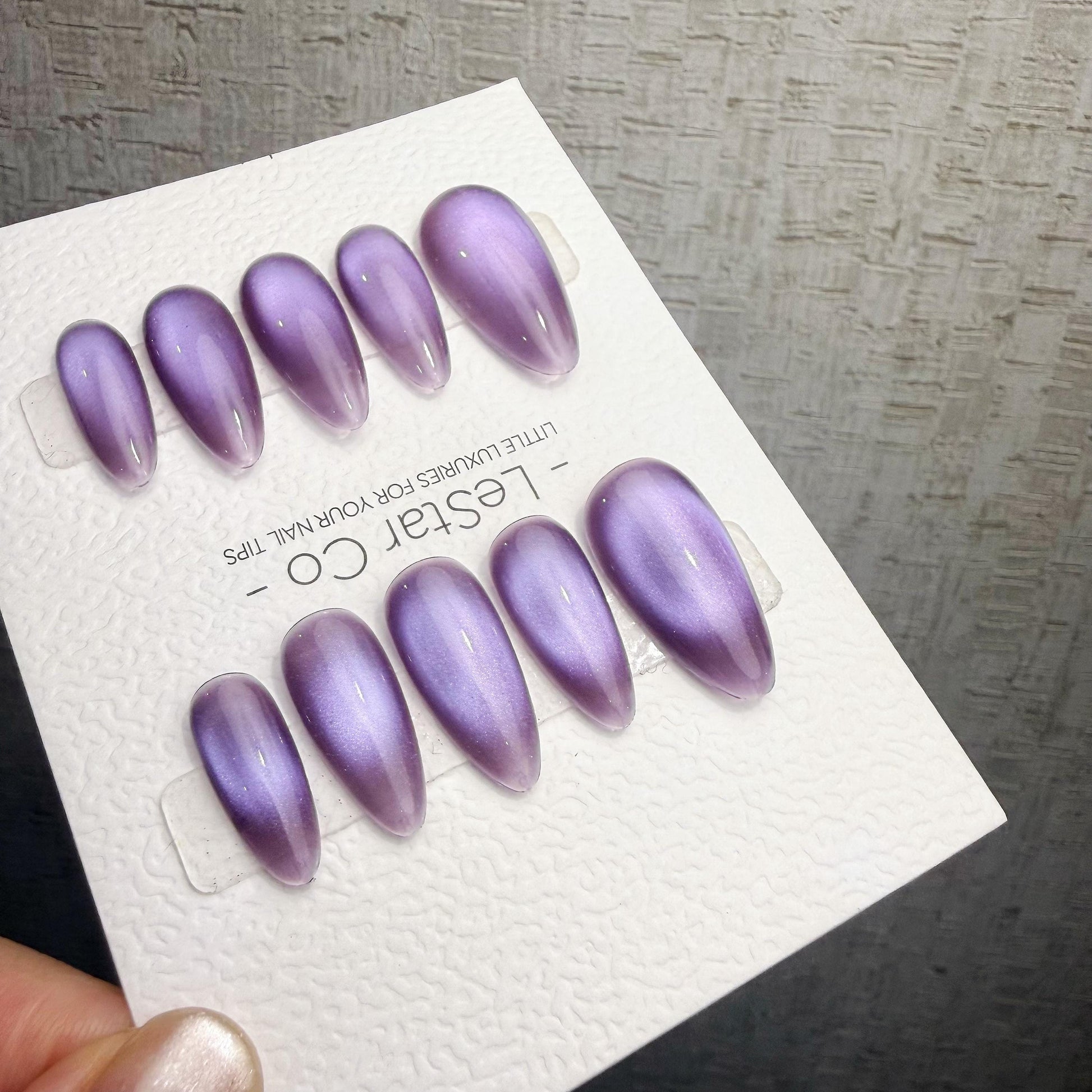 Handmade Violet Moon Cat Eye Gel Press On Nails – Reusable, Customizable Manicure