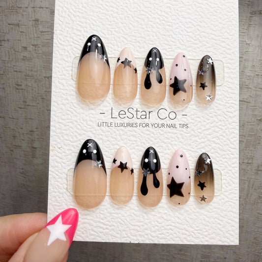 4 for 3 timed offer Midnight Hop Press On Nails, Black and Pink French Tips, Bunny Art and Silver Stars, Almond