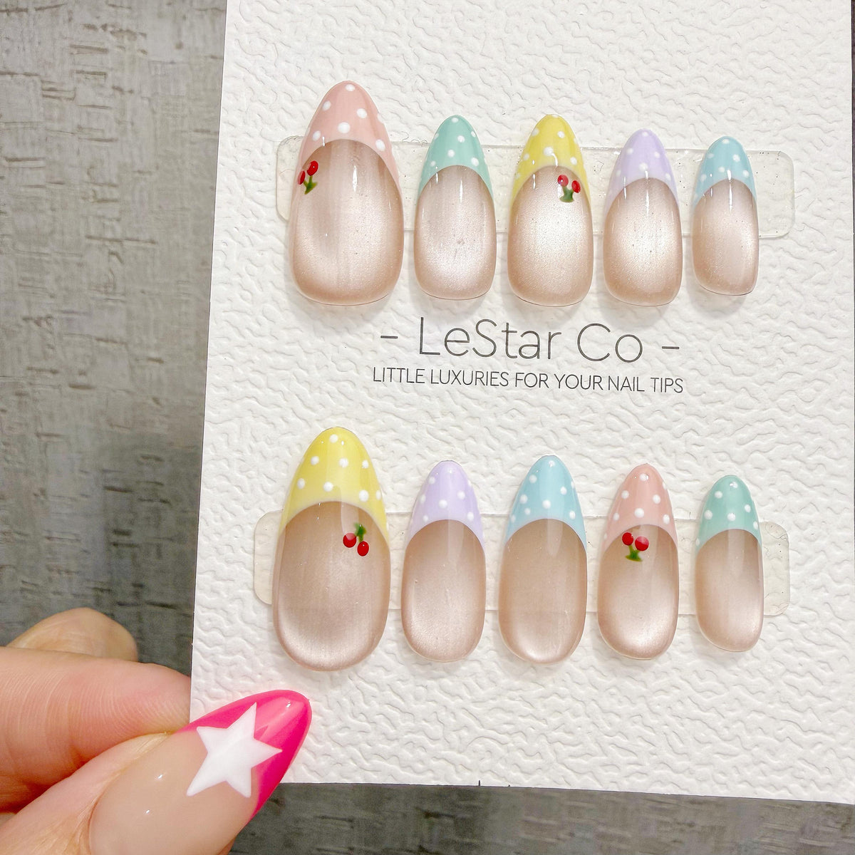 4 for 3 timed offer Cherry Confetti Press On Nails, Pastel Pink and Mint French Tips, Cherries and Polka Dots, Almond