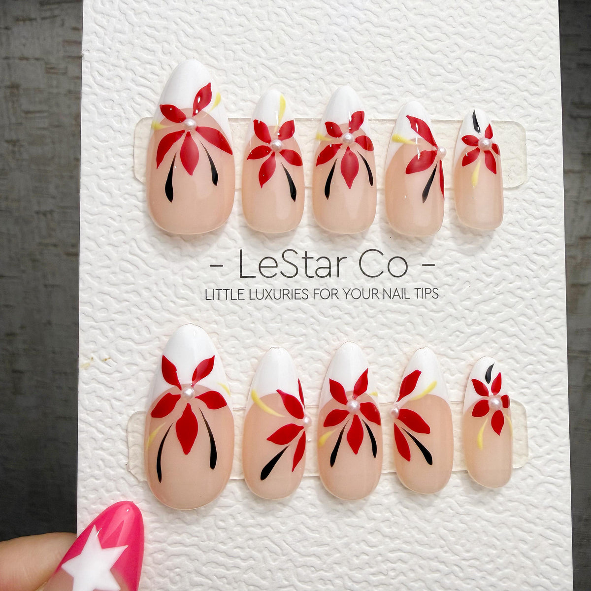 4 for 3 timed offer Scarlet Petal Muse Press On Nails, Red Flowers and Pearl Accents, White French Tips, Almond