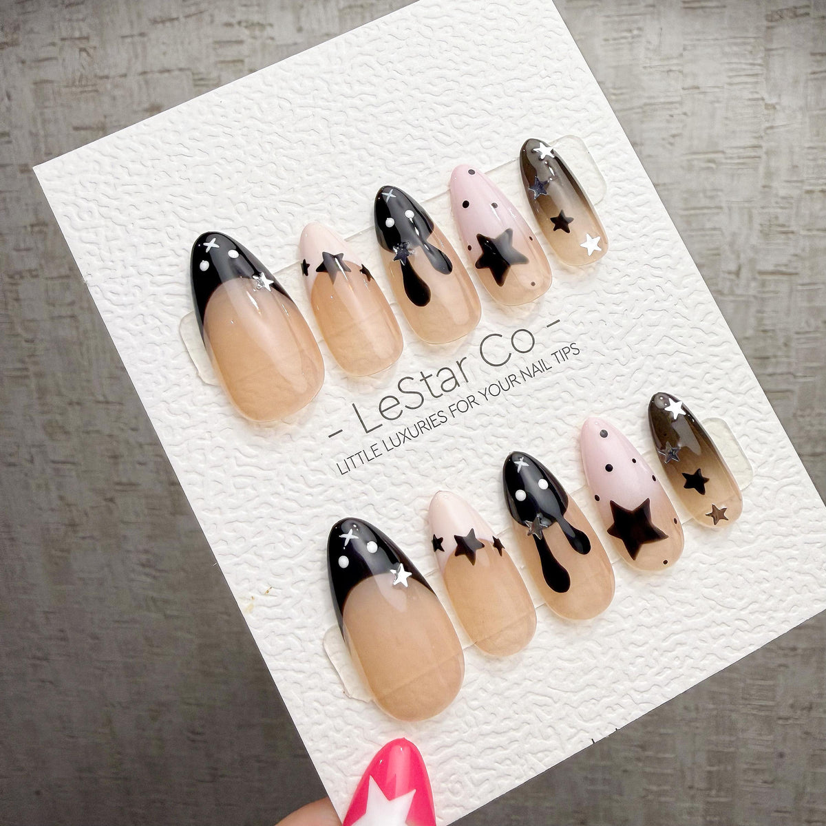 4 for 3 timed offer Midnight Hop Press On Nails, Black and Pink French Tips, Bunny Art and Silver Stars, Almond