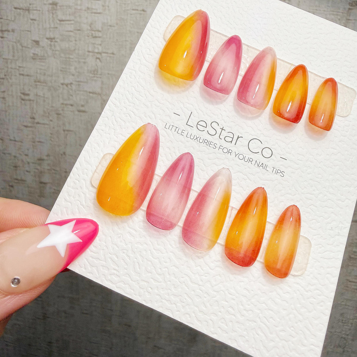 4 for 3 timed offer Citrus Reverie Press On Nails, Orange Yellow and Pink Watercolor Ombre, Almond