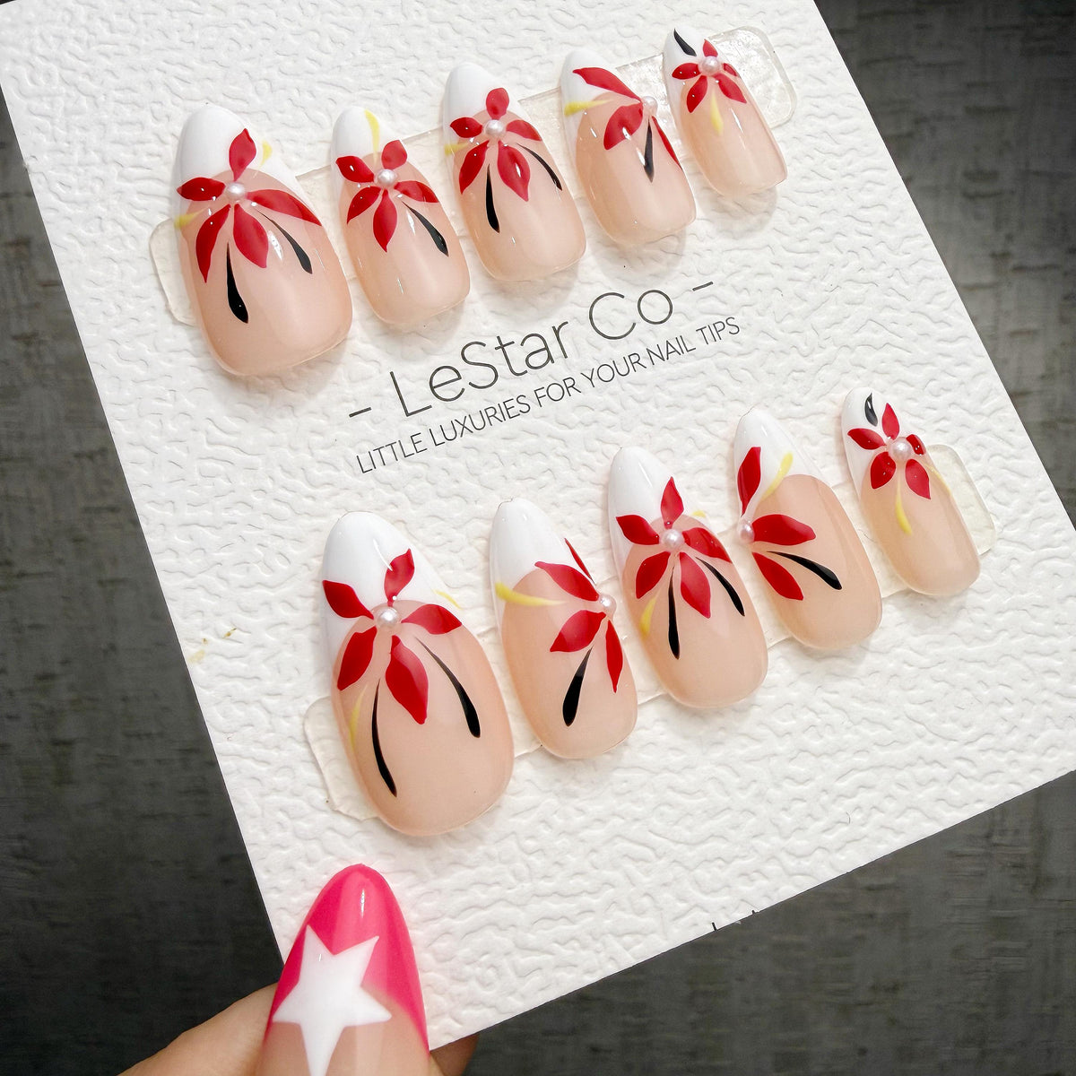 4 for 3 timed offer Scarlet Petal Muse Press On Nails, Red Flowers and Pearl Accents, White French Tips, Almond
