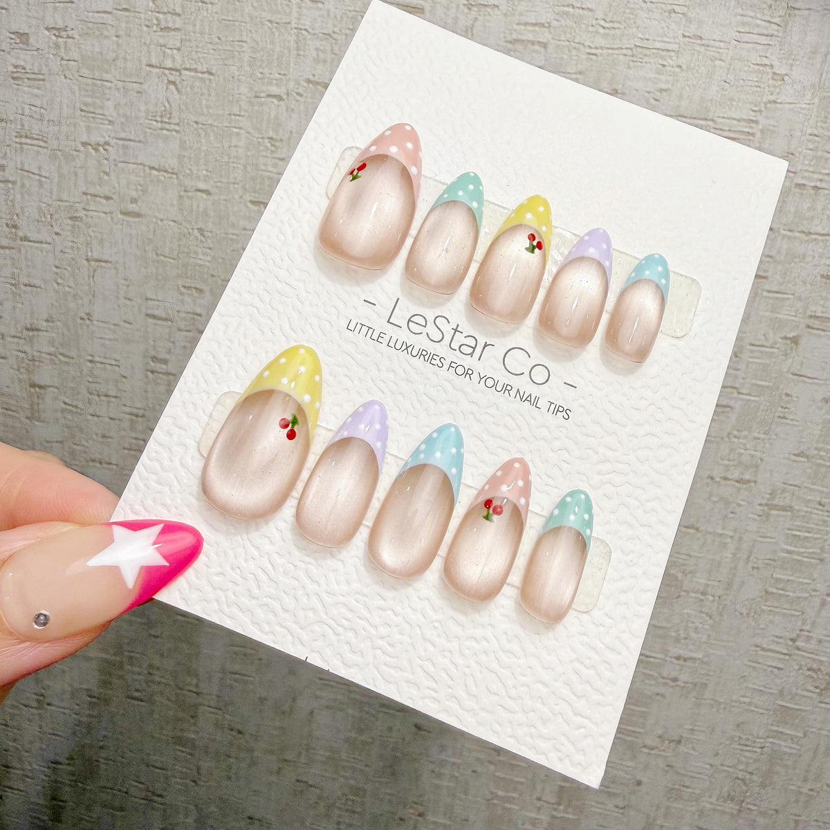 4 for 3 timed offer Cherry Confetti Press On Nails, Pastel Pink and Mint French Tips, Cherries and Polka Dots, Almond