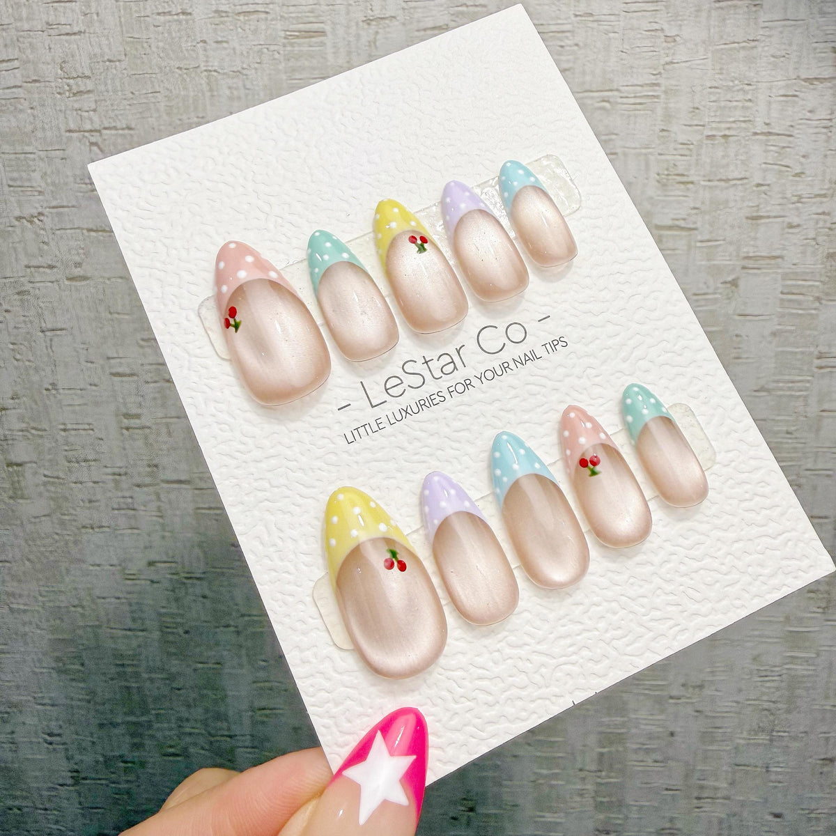 4 for 3 timed offer Cherry Confetti Press On Nails, Pastel Pink and Mint French Tips, Cherries and Polka Dots, Almond