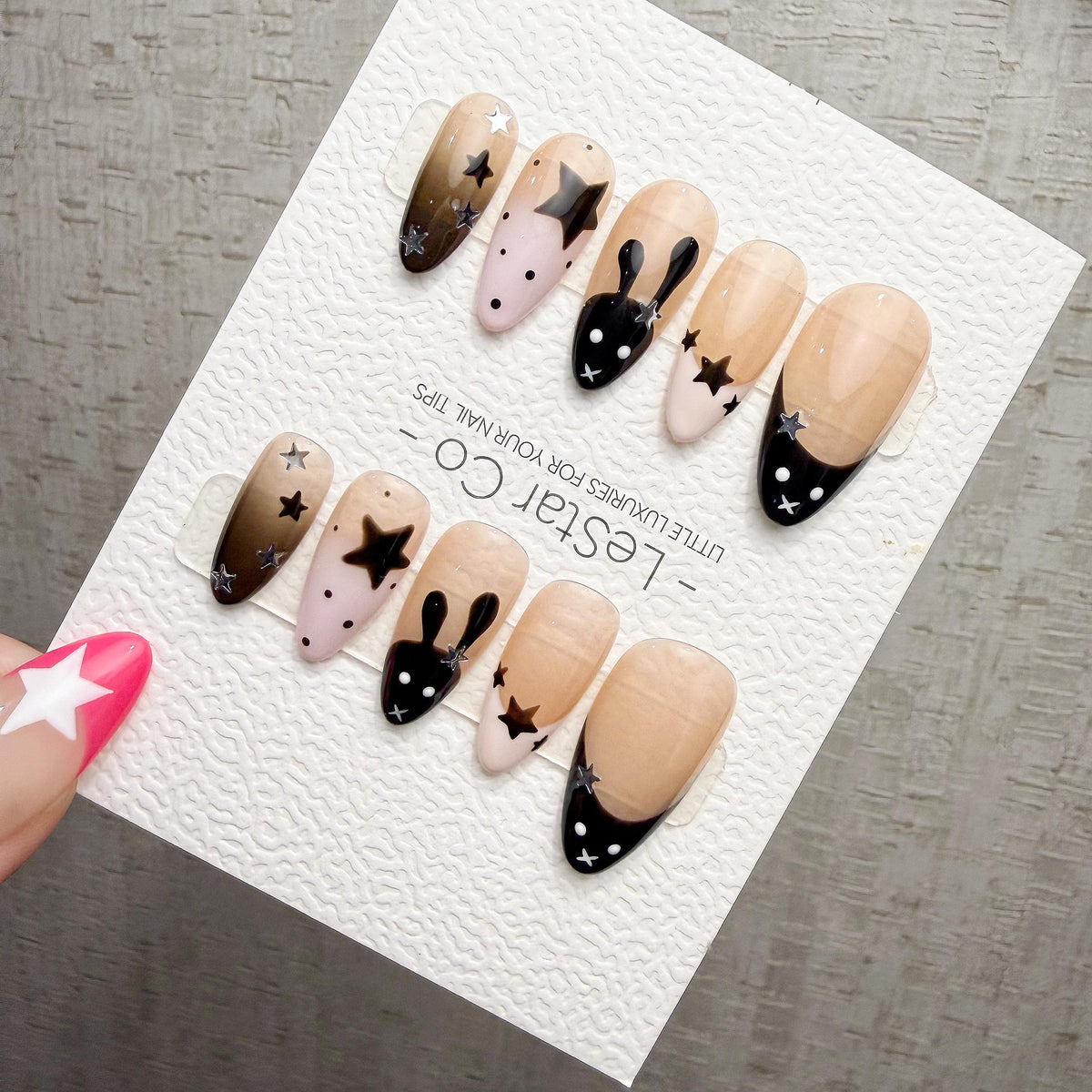 4 for 3 timed offer Midnight Hop Press On Nails, Black and Pink French Tips, Bunny Art and Silver Stars, Almond