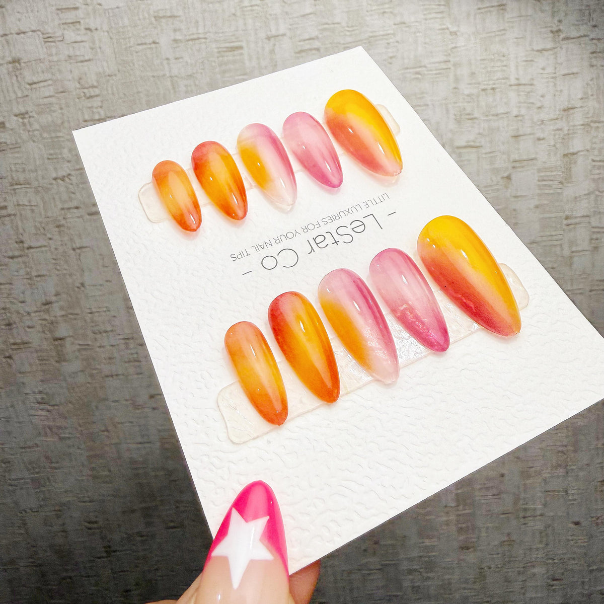 4 for 3 timed offer Citrus Reverie Press On Nails, Orange Yellow and Pink Watercolor Ombre, Almond
