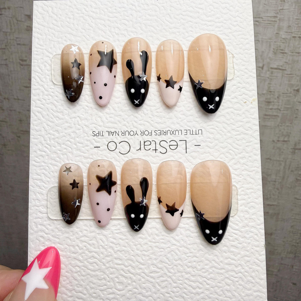 4 for 3 timed offer Midnight Hop Press On Nails, Black and Pink French Tips, Bunny Art and Silver Stars, Almond
