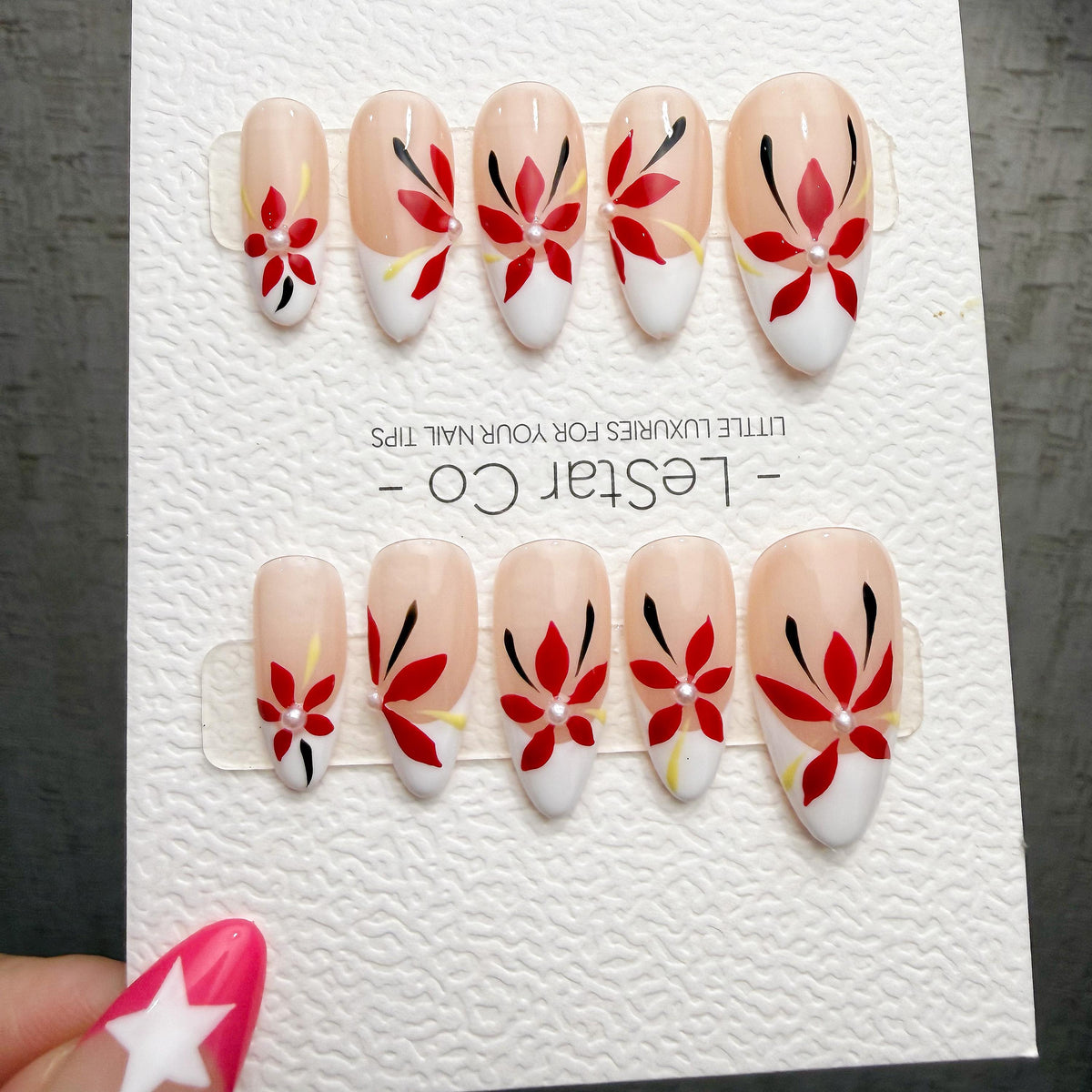 4 for 3 timed offer Scarlet Petal Muse Press On Nails, Red Flowers and Pearl Accents, White French Tips, Almond