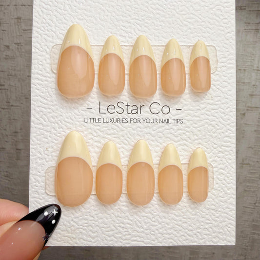 4 for 3 timed offer Buttercream Muse Press On Nails, Pale Yellow French Tips, Peach Nude Base, Glossy Almond