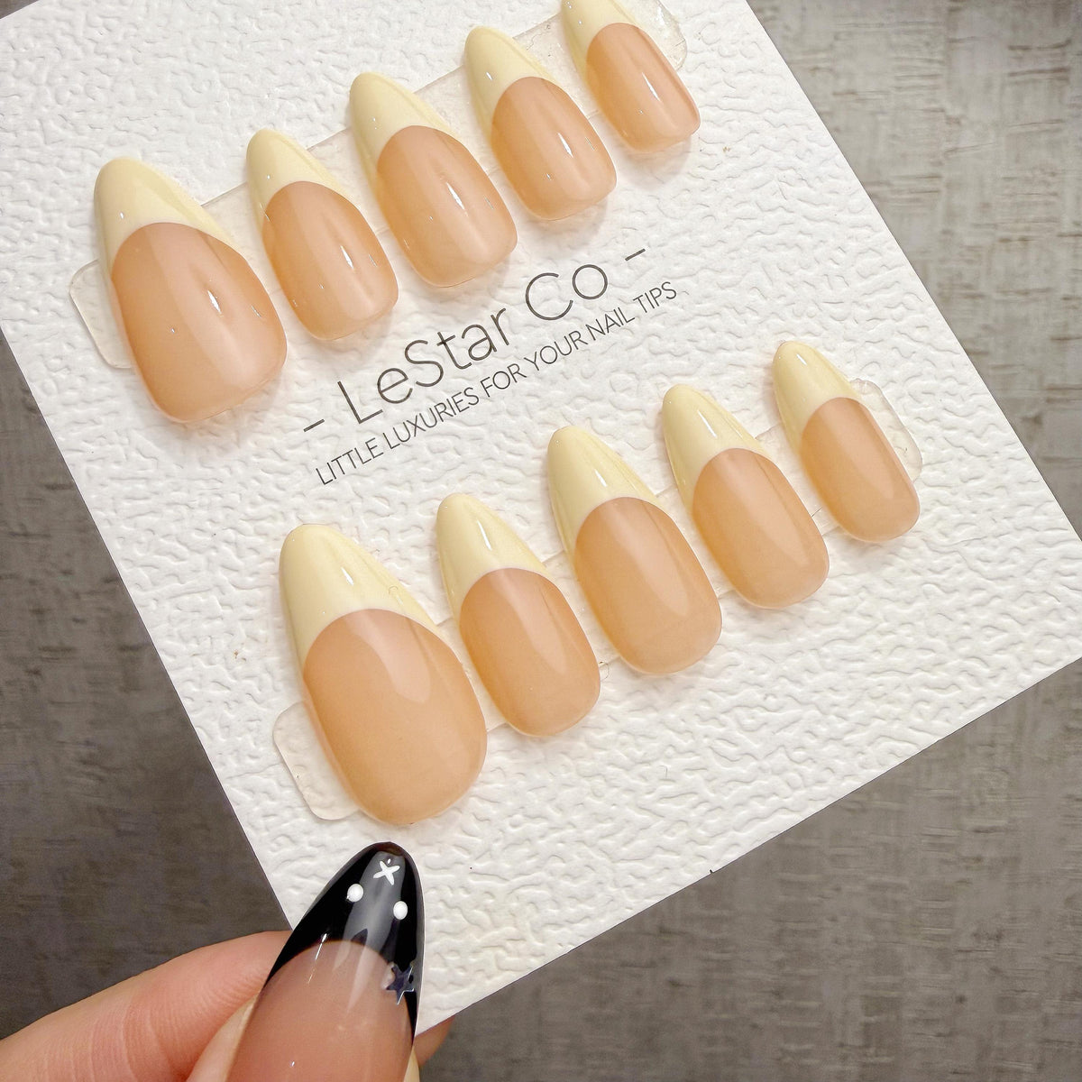 4 for 3 timed offer Buttercream Muse Press On Nails, Pale Yellow French Tips, Peach Nude Base, Glossy Almond