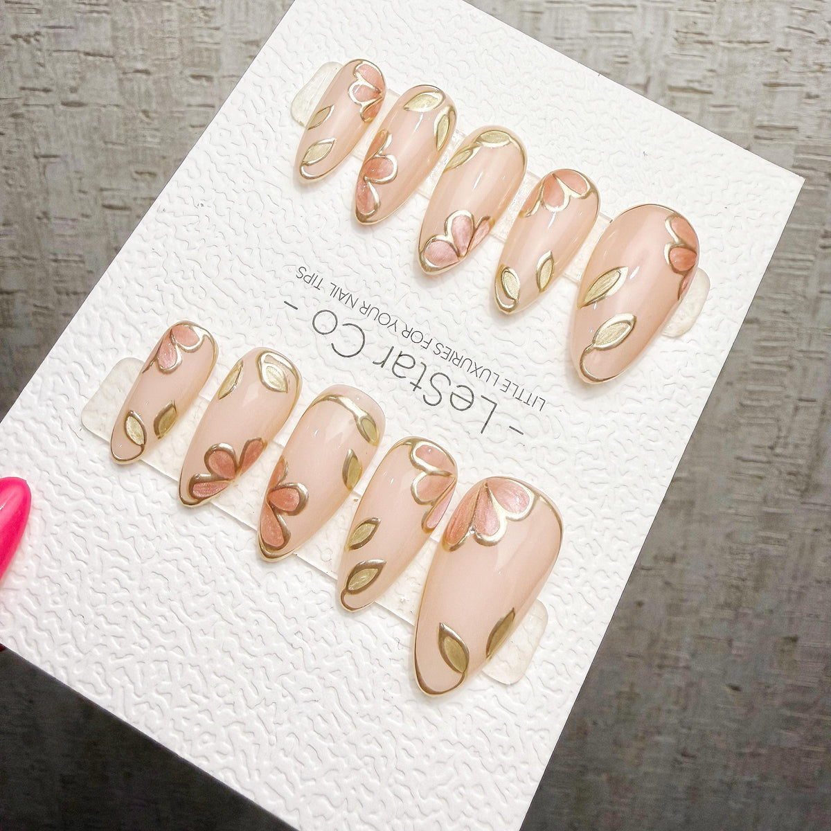 4 for 3 timed offer Gilded Petal Waltz Press On Nails, Pink Flowers and Gold Chrome Leaves, Nude Almond