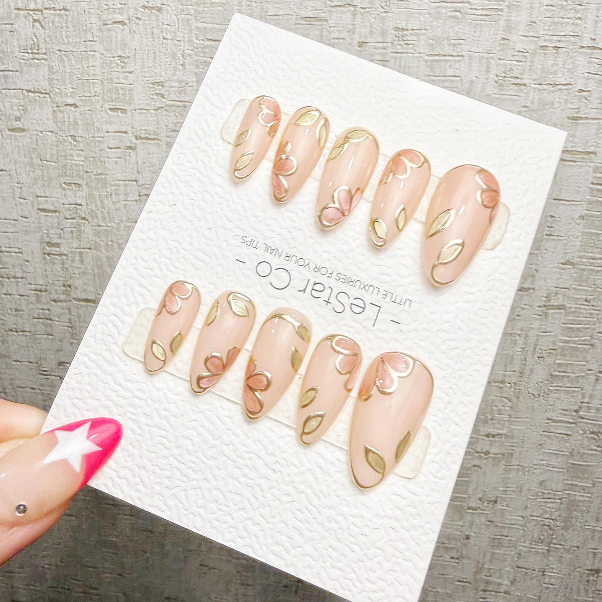 4 for 3 timed offer Gilded Petal Waltz Press On Nails, Pink Flowers and Gold Chrome Leaves, Nude Almond