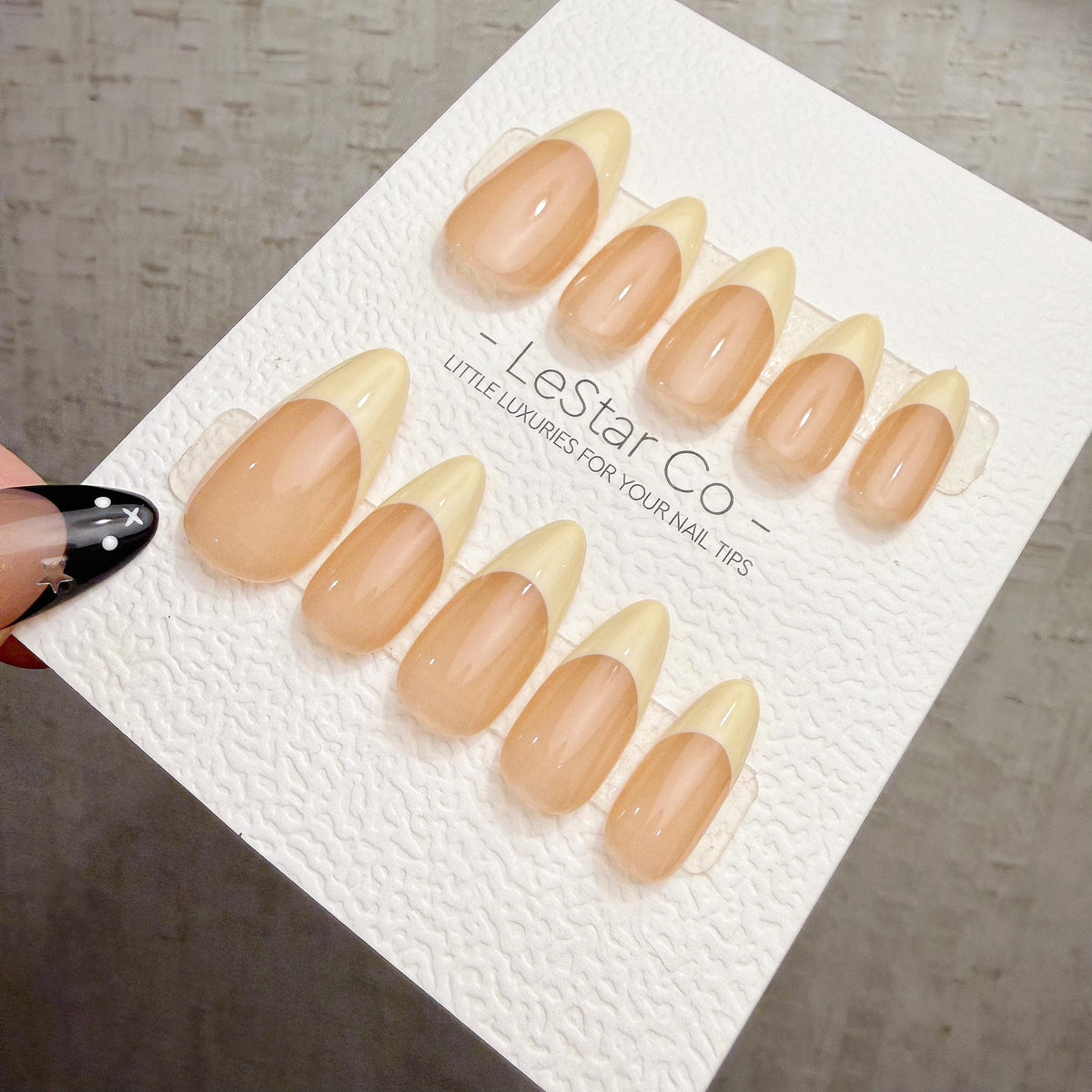 4 for 3 timed offer Buttercream Muse Press On Nails, Pale Yellow French Tips, Peach Nude Base, Glossy Almond