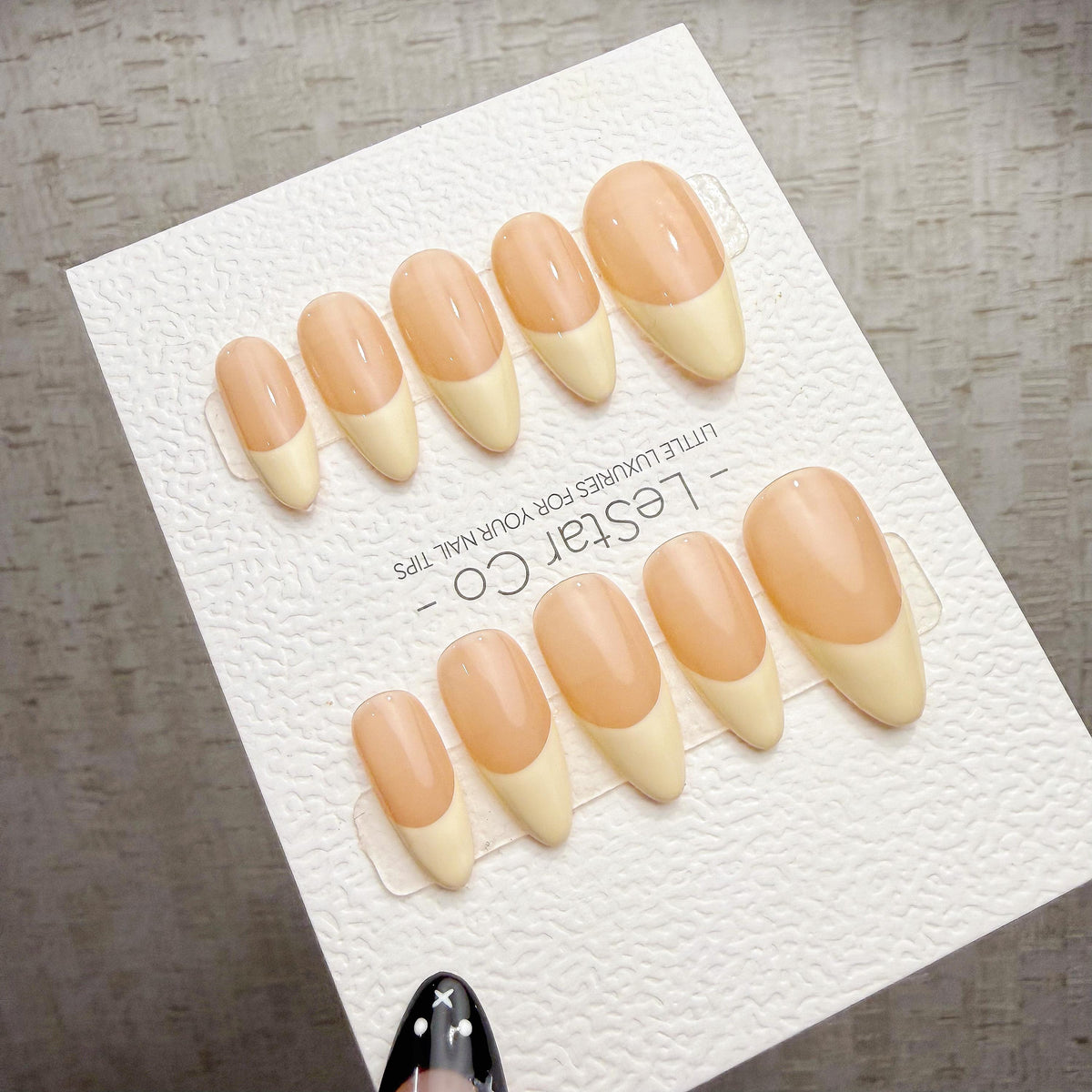 4 for 3 timed offer Buttercream Muse Press On Nails, Pale Yellow French Tips, Peach Nude Base, Glossy Almond