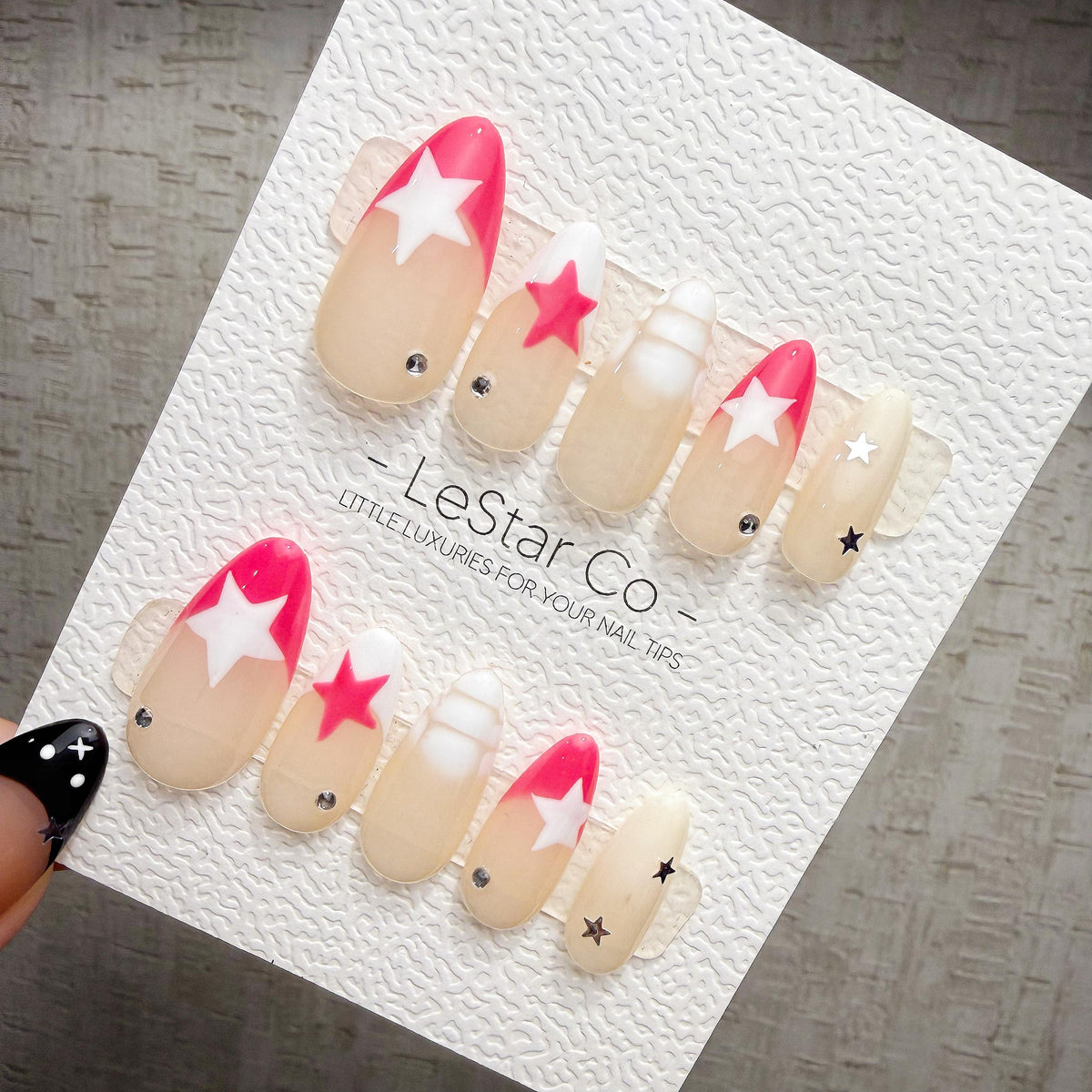 4 for 3 timed offer Pink Stardust Pop Press On Nails, Hot Pink and White French Tips, Stars and Rhinestones, Almond