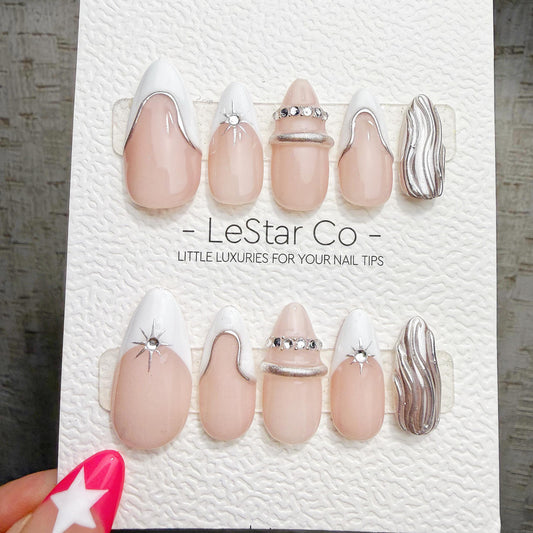 4 for 3 timed offer Silver Wave Serenade Press On Nails, White French Tips and Silver Chrome Waves, Rhinestones, Almond