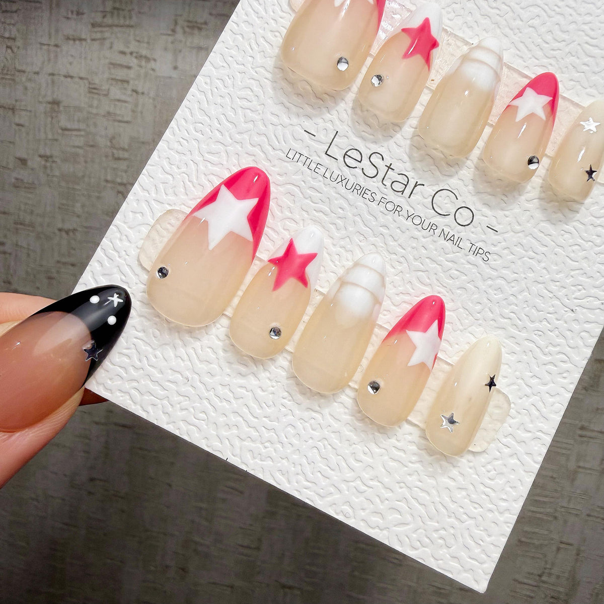 4 for 3 timed offer Pink Stardust Pop Press On Nails, Hot Pink and White French Tips, Stars and Rhinestones, Almond
