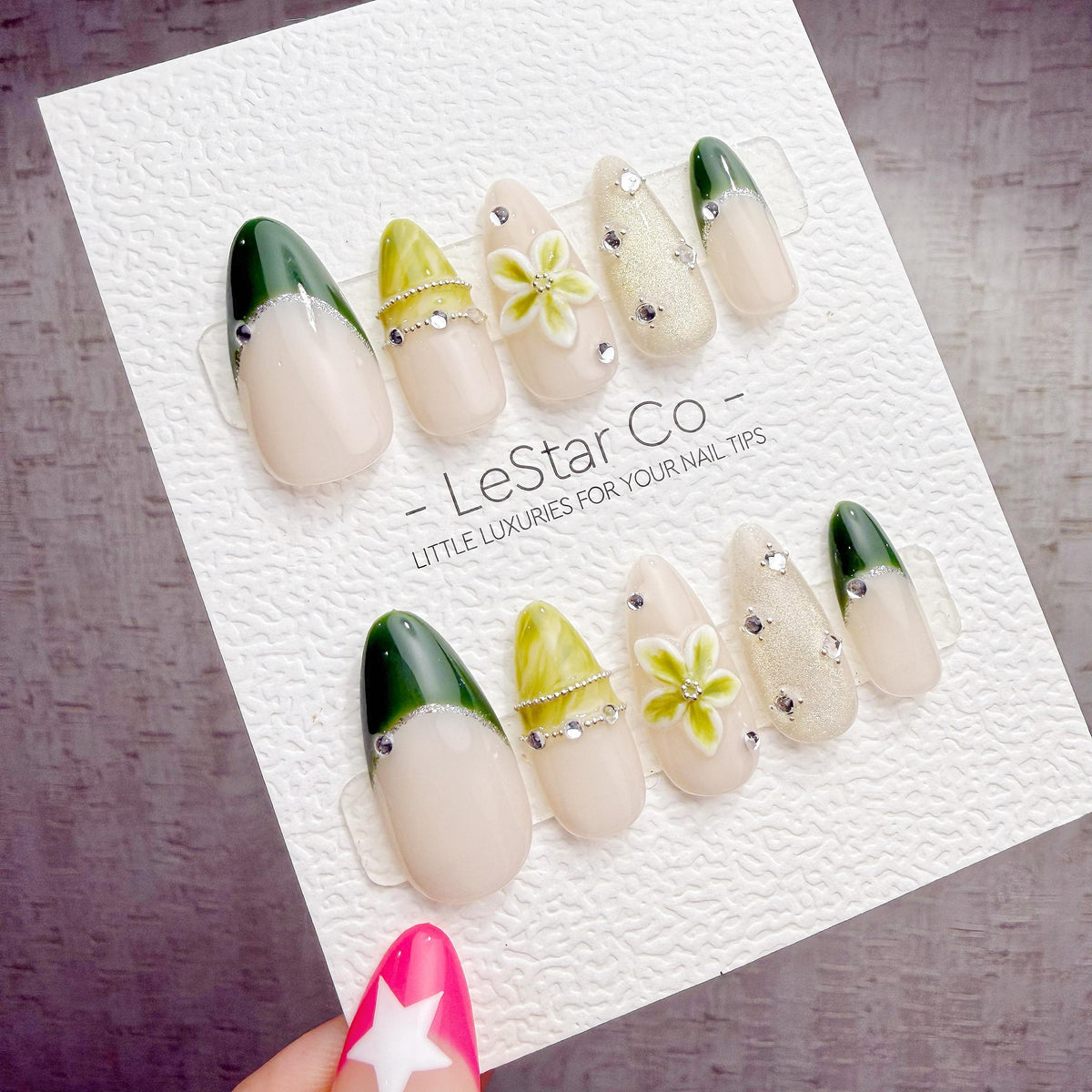 4 for 3 timed offer Olive Blossom Gleam Press On Nails, Green French Tips and Olive Cat Eye, Flower and Glitter, Almond