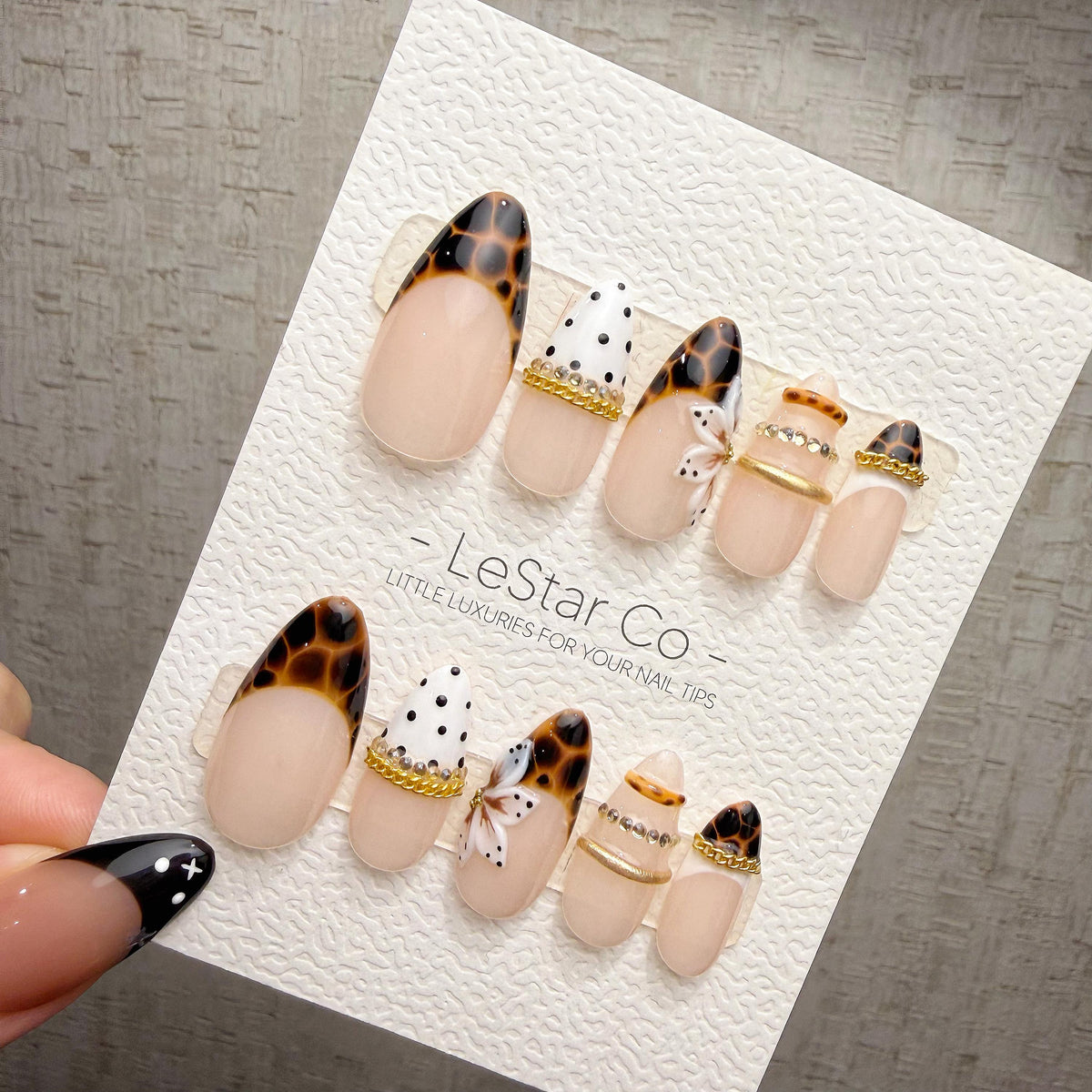 4 for 3 timed offer Tortoise Butterfly Bijou Press On Nails, Tortoiseshell French Tips, Butterfly and Gold Accents