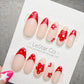 4 for 3 timed offer Crimson Polka Bloom Press On Nails, Red French Tips and Polka Dots, 3D Flowers, Nude Almond