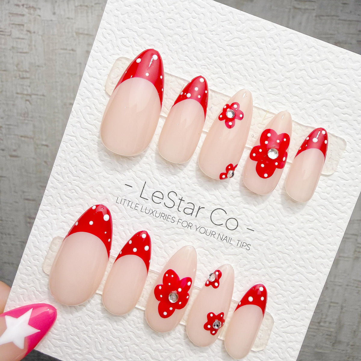 4 for 3 timed offer Crimson Polka Bloom Press On Nails, Red French Tips and Polka Dots, 3D Flowers, Nude Almond