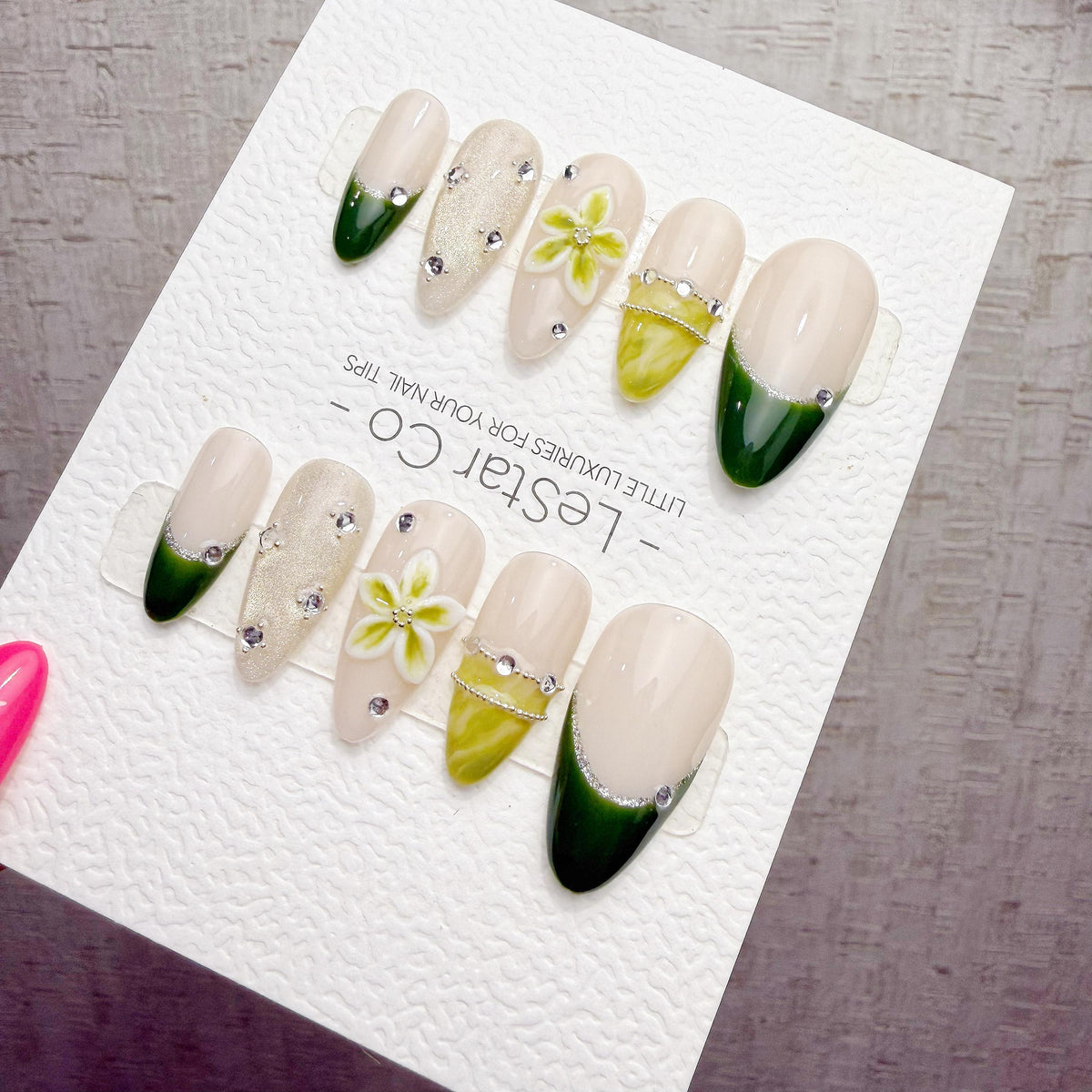 4 for 3 timed offer Olive Blossom Gleam Press On Nails, Green French Tips and Olive Cat Eye, Flower and Glitter, Almond