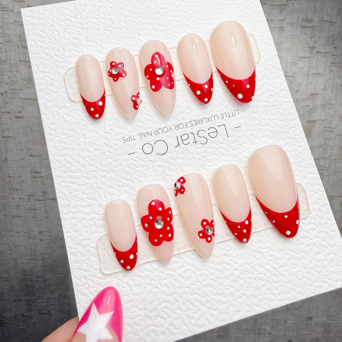 4 for 3 timed offer Crimson Polka Bloom Press On Nails, Red French Tips and Polka Dots, 3D Flowers, Nude Almond