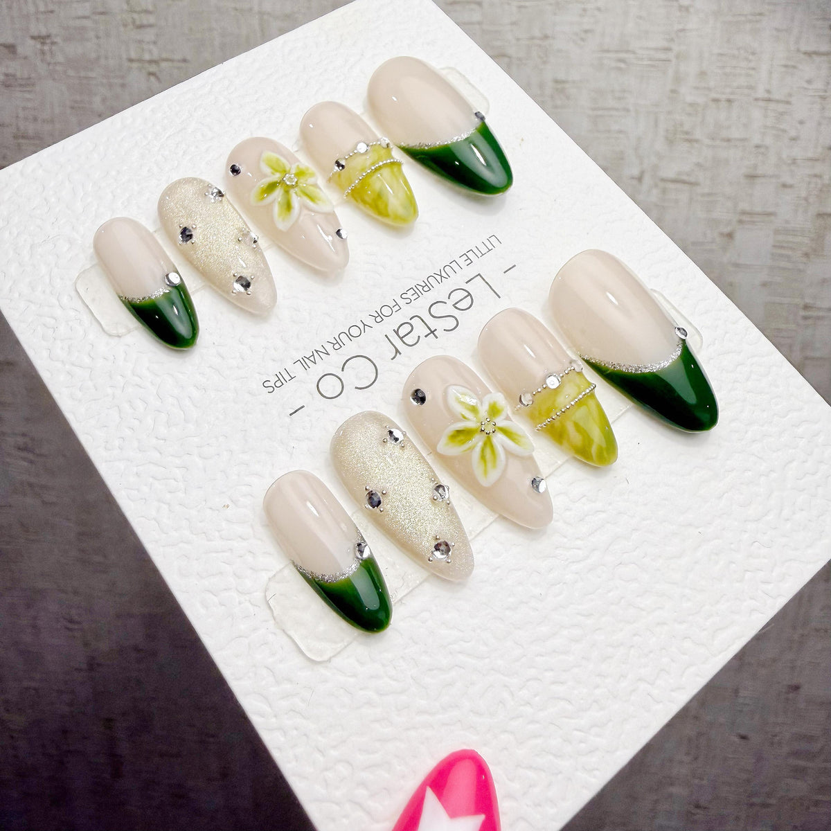 4 for 3 timed offer Olive Blossom Gleam Press On Nails, Green French Tips and Olive Cat Eye, Flower and Glitter, Almond