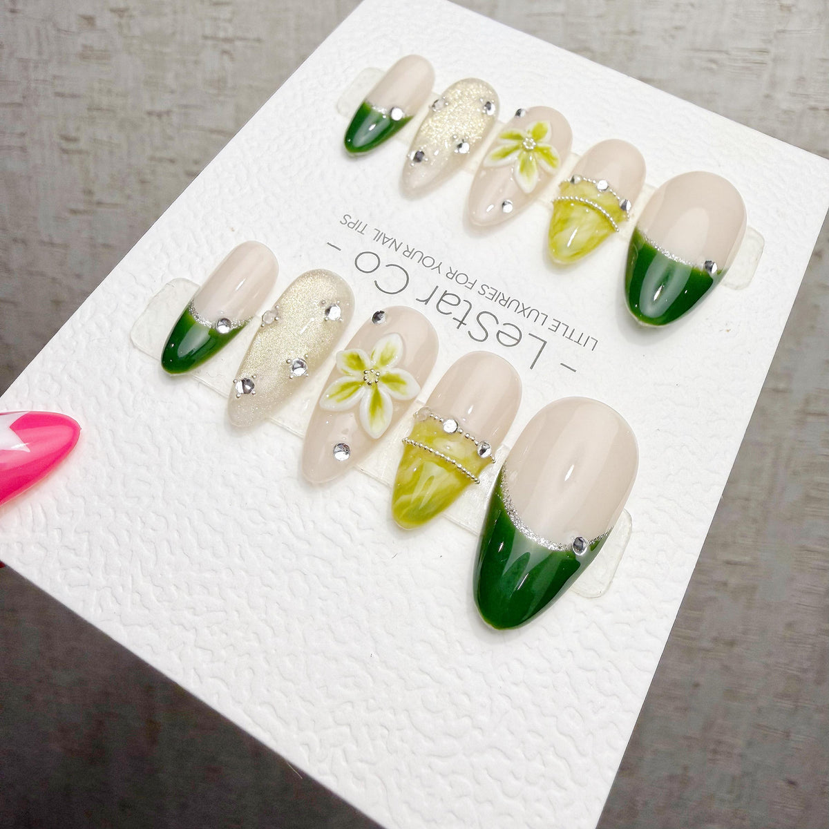4 for 3 timed offer Olive Blossom Gleam Press On Nails, Green French Tips and Olive Cat Eye, Flower and Glitter, Almond