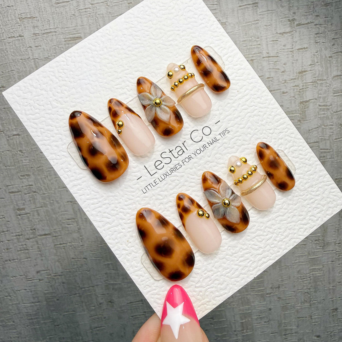 4 for 3 timed offer Amber Petal Reverie Press On Nails, Tortoiseshell and Nude Almond, 3D Flower and Gold Accents