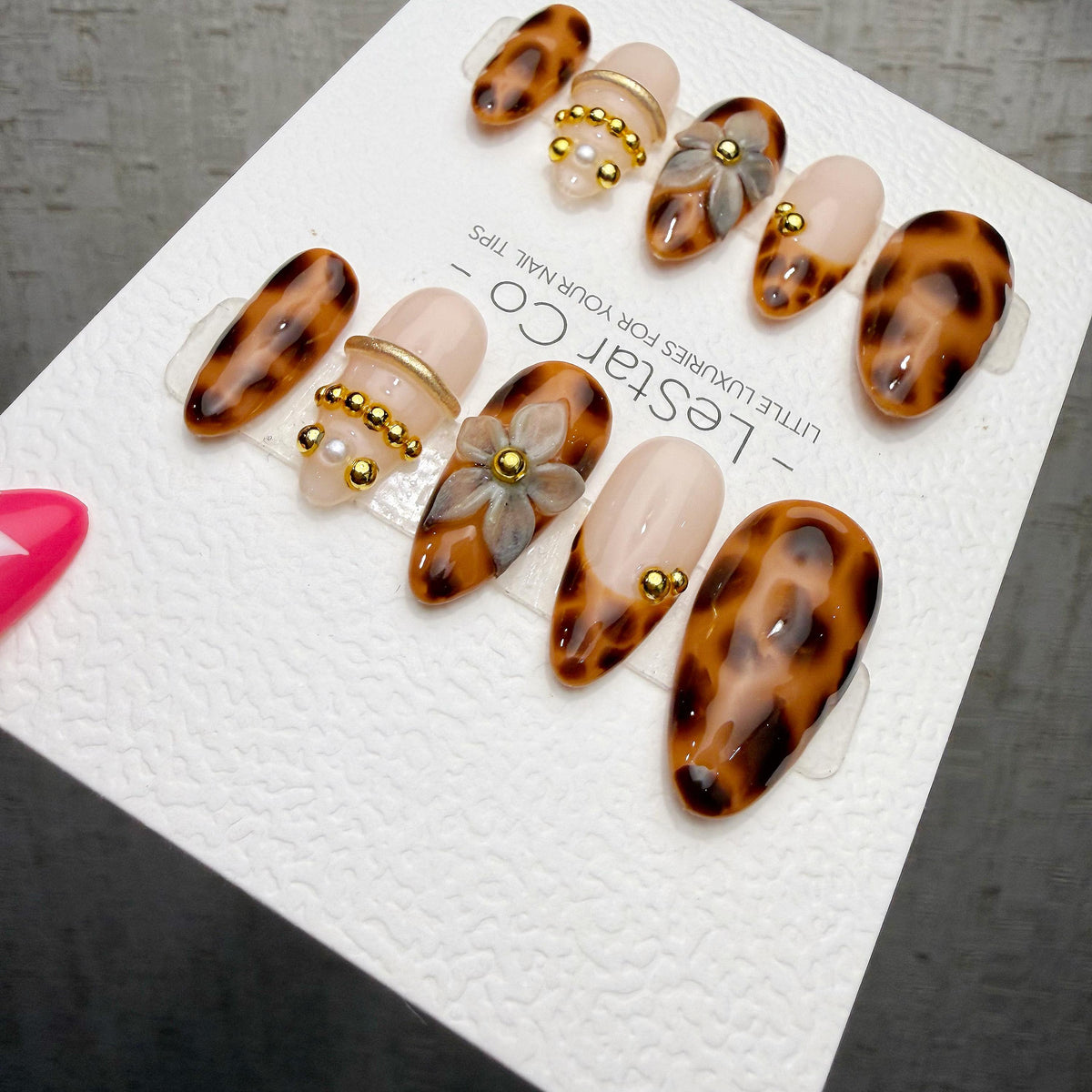 4 for 3 timed offer Amber Petal Reverie Press On Nails, Tortoiseshell and Nude Almond, 3D Flower and Gold Accents