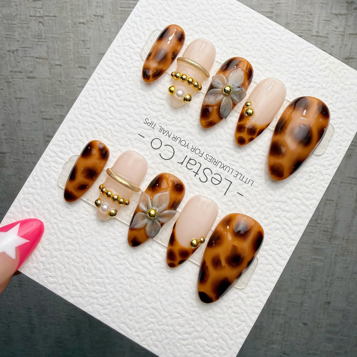4 for 3 timed offer Amber Petal Reverie Press On Nails, Tortoiseshell and Nude Almond, 3D Flower and Gold Accents