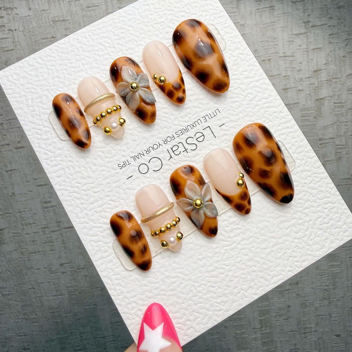 4 for 3 timed offer Amber Petal Reverie Press On Nails, Tortoiseshell and Nude Almond, 3D Flower and Gold Accents