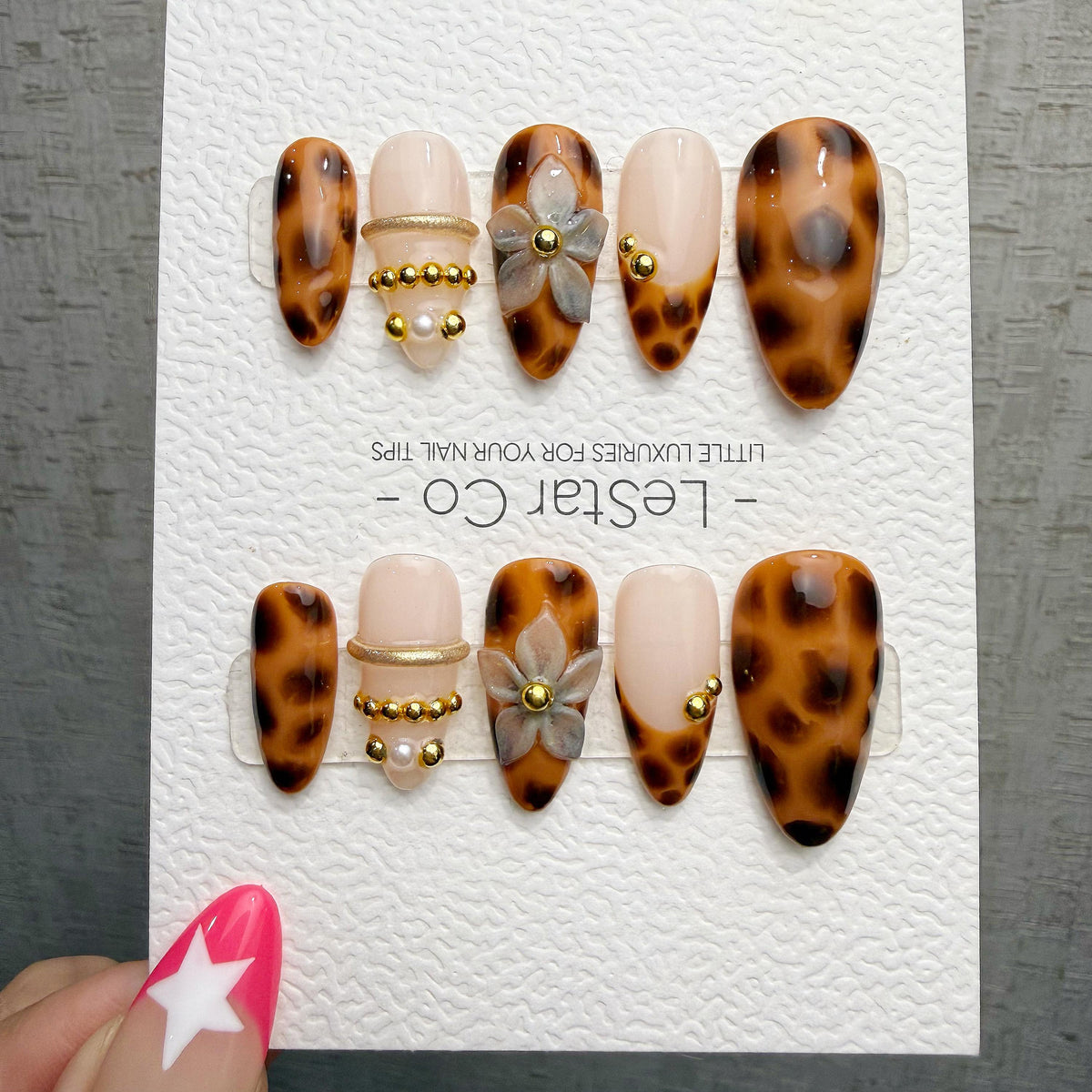 4 for 3 timed offer Amber Petal Reverie Press On Nails, Tortoiseshell and Nude Almond, 3D Flower and Gold Accents