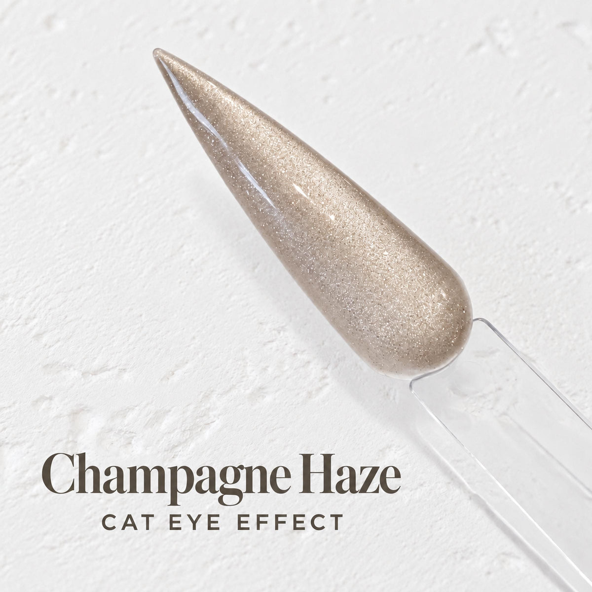 a close-up of a nail polish swatch with a champagne haze effect, accompanied by the text "Champagne Haze CAT Eye Effect".