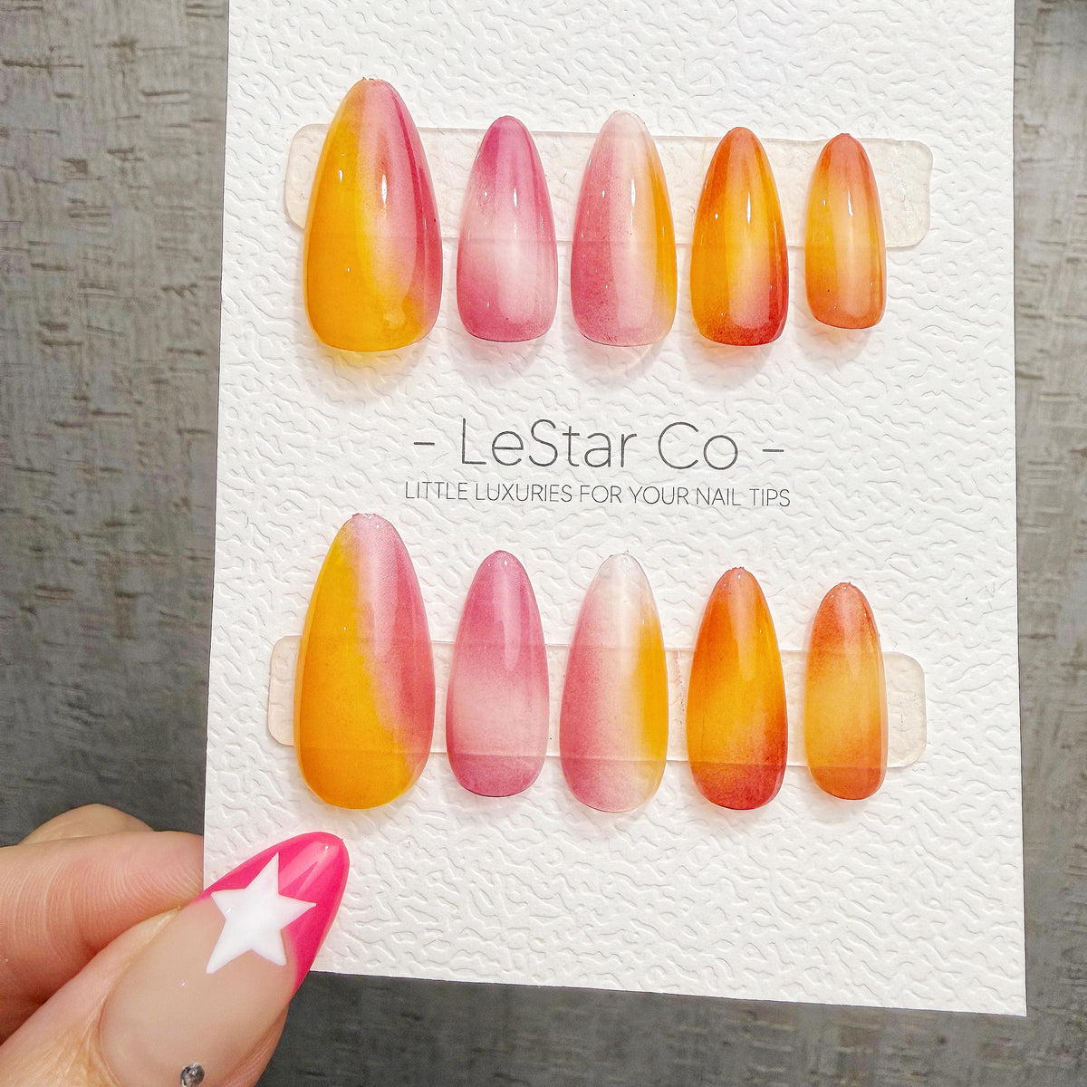 4 for 3 timed offer Citrus Reverie Press On Nails, Orange Yellow and Pink Watercolor Ombre, Almond