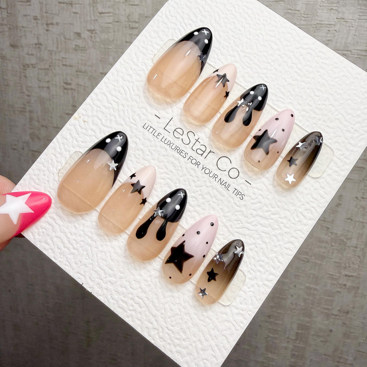 4 for 3 timed offer Midnight Hop Press On Nails, Black and Pink French Tips, Bunny Art and Silver Stars, Almond