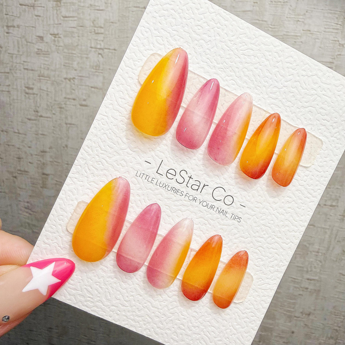 4 for 3 timed offer Citrus Reverie Press On Nails, Orange Yellow and Pink Watercolor Ombre, Almond