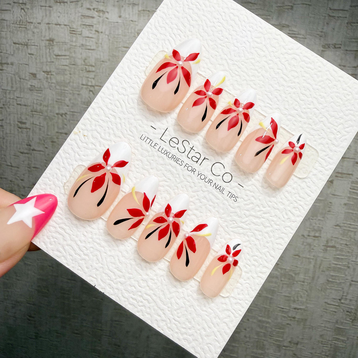 4 for 3 timed offer Scarlet Petal Muse Press On Nails, Red Flowers and Pearl Accents, White French Tips, Almond