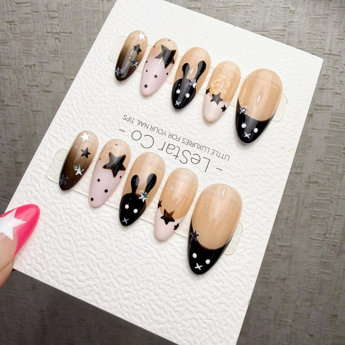 4 for 3 timed offer Midnight Hop Press On Nails, Black and Pink French Tips, Bunny Art and Silver Stars, Almond