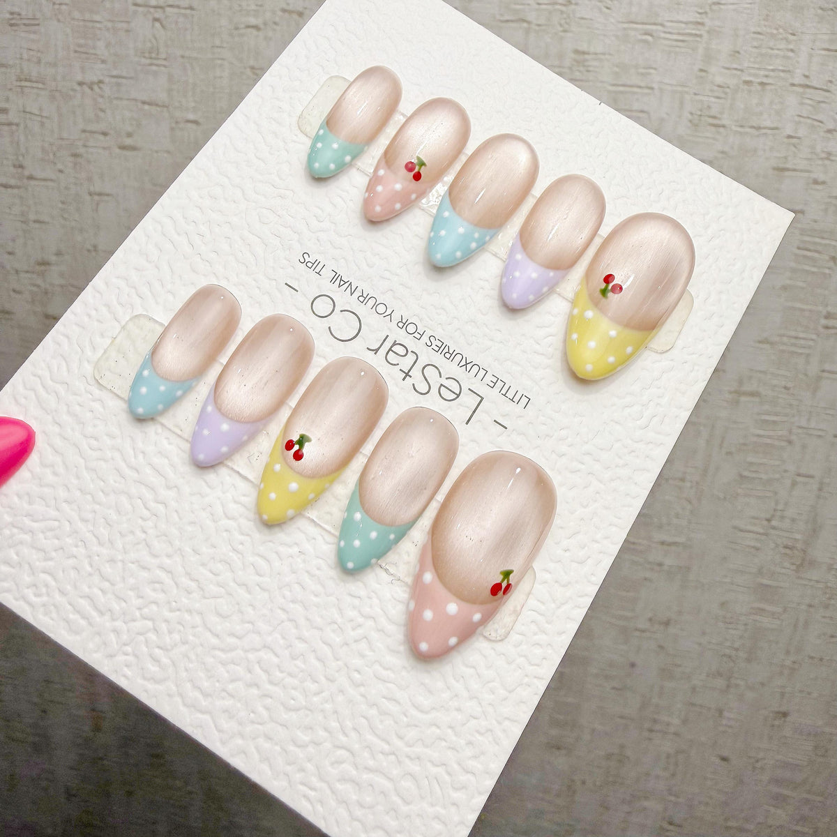 4 for 3 timed offer Cherry Confetti Press On Nails, Pastel Pink and Mint French Tips, Cherries and Polka Dots, Almond