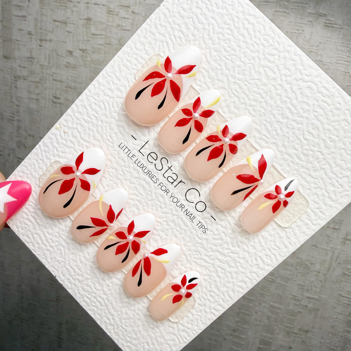 4 for 3 timed offer Scarlet Petal Muse Press On Nails, Red Flowers and Pearl Accents, White French Tips, Almond